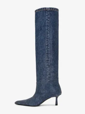 Kitten Heel Knee High Boots Pointed Toe Denim High Boots