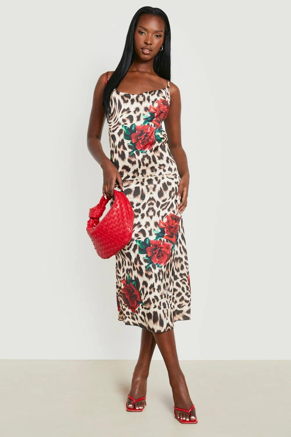 Rose Leopard Cowl Neck Slip Dress